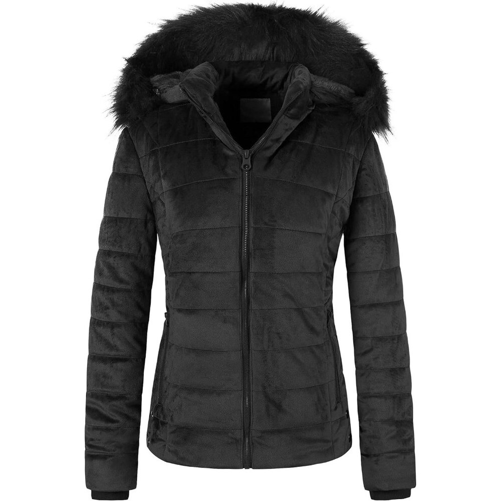Women's Black Velvet Puffer Jackets Coat Faux Fur Lining Winter Removable Hood